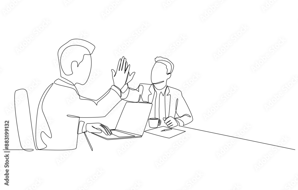 Continuous one line drawing of businessman and colleague giving high five gestures to support business plan, idea support, encouragement in work concept, single line art. Continuous one line drawing of businessman and colleague giving high five gestures to support business plan, idea support, encouragement in work concept, single line art.