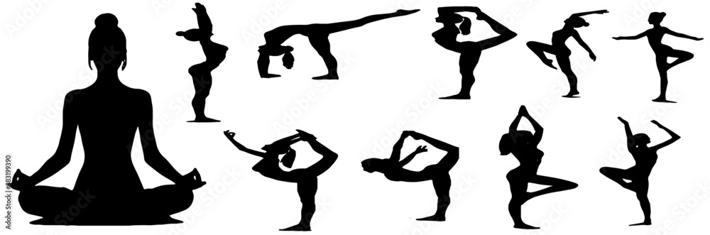 Set of silhouettes of woman in different yoga poses, isolated on white background vector illustration Set of silhouettes of woman in different yoga poses, isolated on white background vector illustration