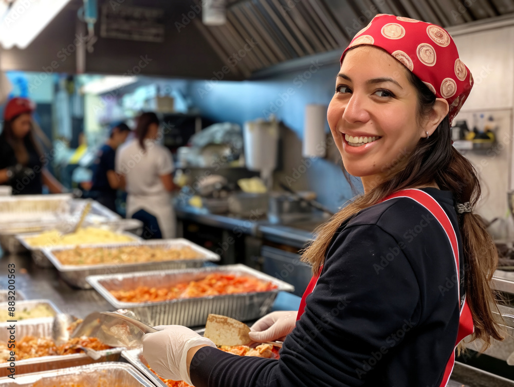A smiling volunteer wearing a red bandana and gloves serves food from large trays in a busy kitchen, with other volunteers working in the background The kitchen is filled with trays of various dishes