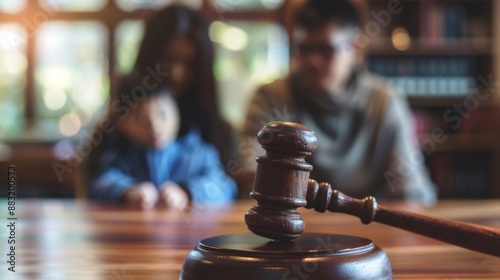 Close-up of a legal judge hammer in a law office, with father, mother and son on background, Divorced parents, and alimony, Concept of child support.