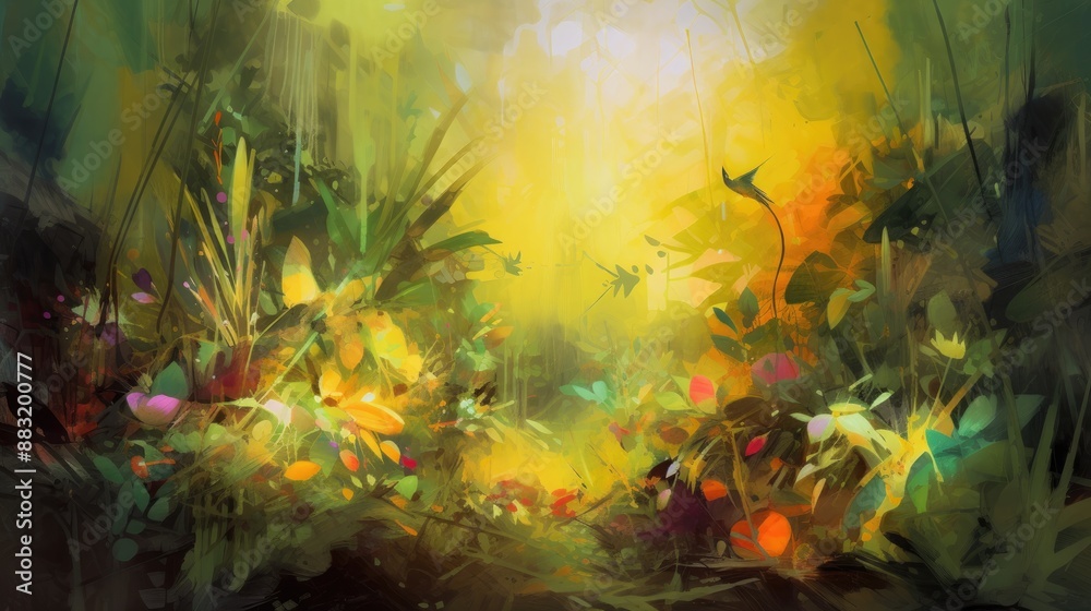 Fototapeta premium Colorful digital painting of a lush rainforest with vibrant flowers and flying birds