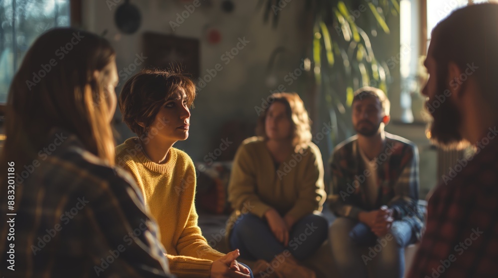 Support group patients comforting person at therapy session, diverse individuals sharing and listening, community healing. Support group patients comforting person at therapy session, diverse individuals sharing and listening, community healing.