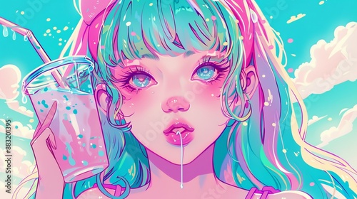 A vibrant illustration of a girl with multicolored hair enjoying a beverage through a straw, set against a bright, cheerful sky with clouds in the background.