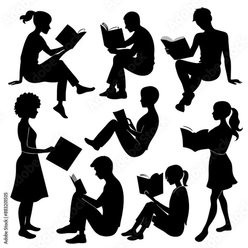 A collection of eight silhouettes depicting individuals of various ages and genders engrossed in reading books, showcasing a diversity of reading postures. Generative AI