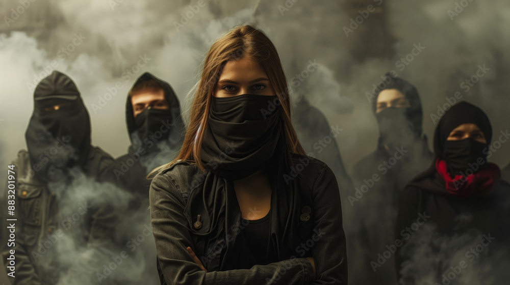 Group of masked woman stand in a cloud of smoke, with a woman at the forefront, looking directly at the viewer. Crowd of protesters, people demonstrate. Global woman strike concept Group of masked woman stand in a cloud of smoke, with a woman at the forefront, looking directly at the viewer. Crowd of protesters, people demonstrate. Global woman strike concept