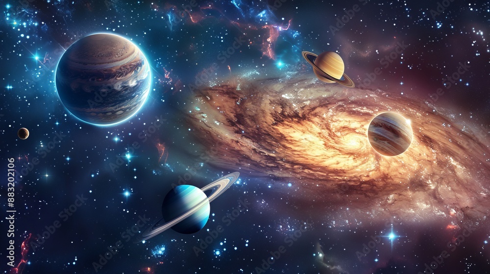 Striking digital art of multiple planets and a spiraling galaxy resembling a golden vortex, depicting the awe-inspiring and mystic essence of cosmic phenomena. Striking digital art of multiple planets and a spiraling galaxy resembling a golden vortex, depicting the awe-inspiring and mystic essence of cosmic phenomena.