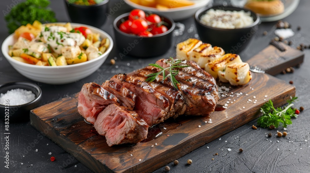 Sizzling grilled pork ribs, beef steak, and chicken with vibrant vegetables on white plate, perfect barbecue meal Sizzling grilled pork ribs, beef steak, and chicken with vibrant vegetables on white plate, perfect barbecue meal