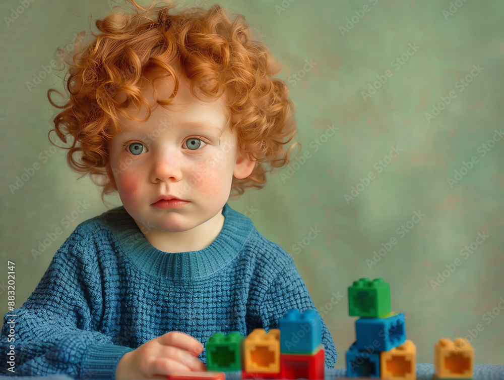curly-haired redhead toddler playing with colorful blocks. The child is wearing a blue sweater curly-haired redhead toddler playing with colorful blocks. The child is wearing a blue sweater
