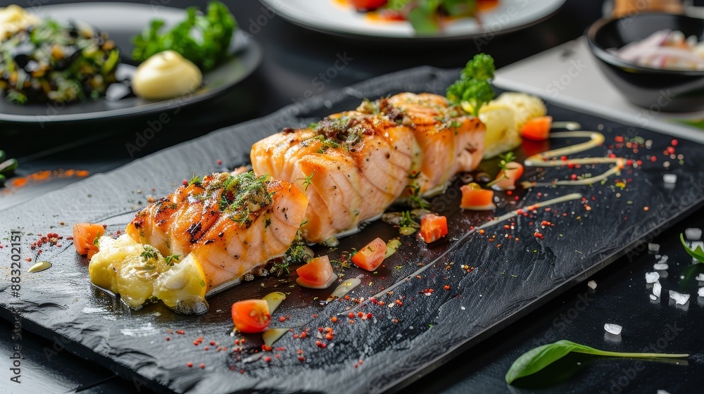 Sushi on Plate with Grilled Fish and Chicken Dish Sushi on Plate with Grilled Fish and Chicken Dish