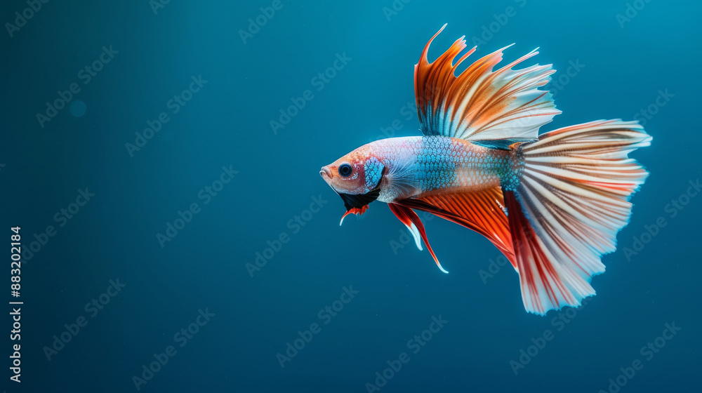 Fototapeta premium A vibrant Betta fish with flowing fins swims gracefully in an azure aquatic backdrop.