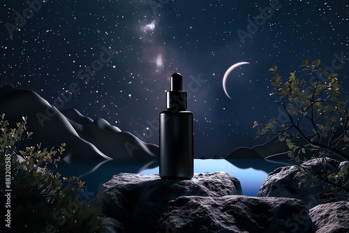 Serum bottle under a starry night sky with a crescent moon, surrounded by mountains and trees, glowing reflections on the water.