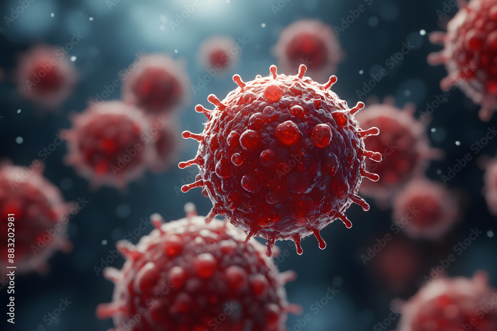 Macro image of virus cells on a dark blue background. virus with spikes. floating influenza. coronavirus. Macro image of virus cells on a dark blue background. virus with spikes. floating influenza. coronavirus.
