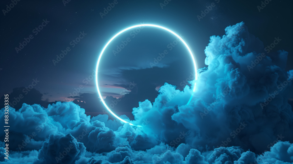Large, glowing neon circle illuminates clouds at night Large, glowing neon circle illuminates clouds at night