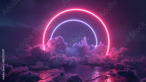 Two glowing neon rings, one pink and one purple, illuminate a field of white clouds against a dark sky photo