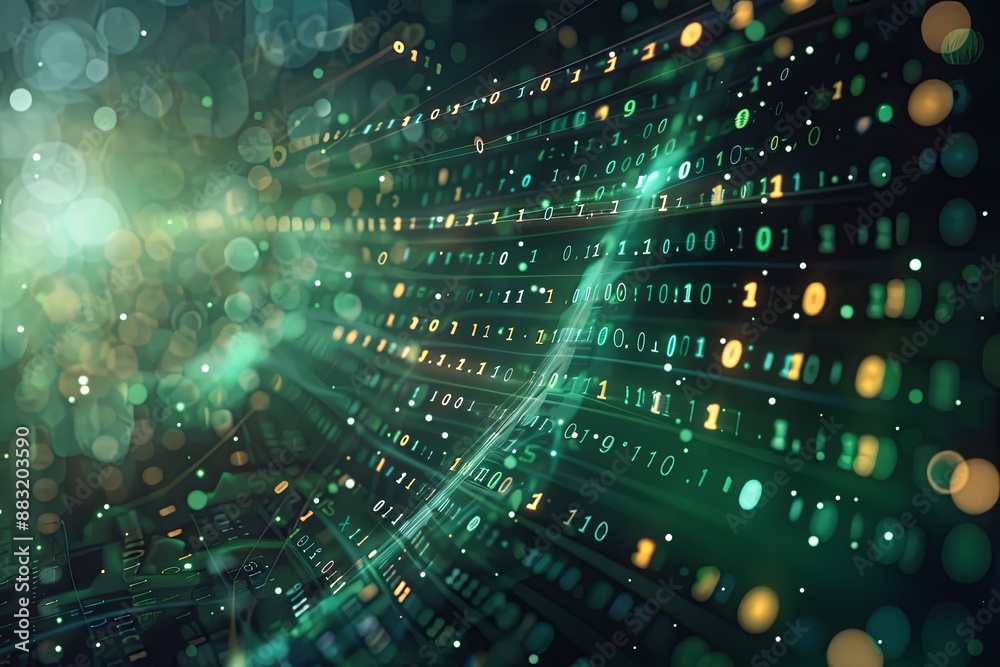 Green dark binary code data streaming background created with Generative AI Green dark binary code data streaming background created with Generative AI