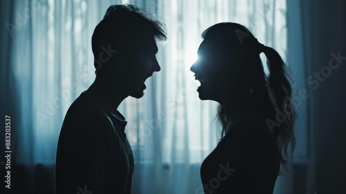 Backlit silhouetted figures of a couple arguing intensely in a dimly lit room, portraying a scene of conflict and tension.