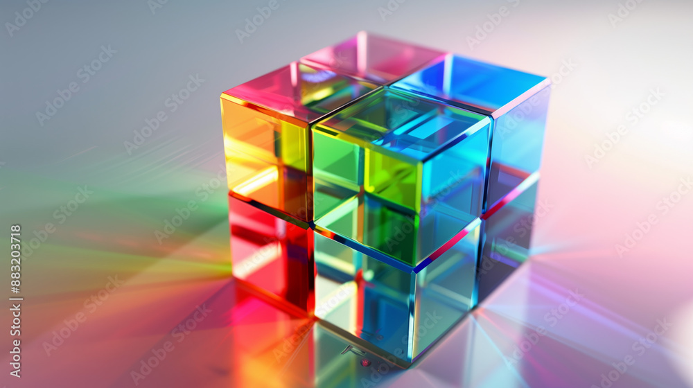 Multi-colored glass cube sits on a reflective surface, casting a rainbow of light Multi-colored glass cube sits on a reflective surface, casting a rainbow of light