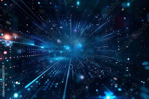 Digital technology background with glowing blue hologram elements and a futuristic grid, creating an abstract digital space or data stream concept in the style of minimal editing.