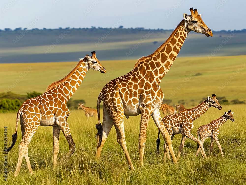 A family of giraffes is walking through a grassy savanna, with a backdrop of rolling hills and a clear sky The group includes both adult and young giraffes A family of giraffes is walking through a grassy savanna, with a backdrop of rolling hills and a clear sky The group includes both adult and young giraffes
