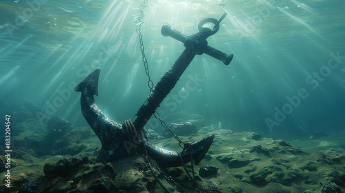 A large, weathered anchor rests on the ocean floor, bathed in soft, filtered sunlight, symbolizing stability, history, and stillness underwater. photo