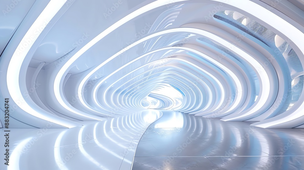 Futuristic white hallway with glowing LED lights and curved architecture creating a modern, sleek, and sci-fi inspired design space. Futuristic white hallway with glowing LED lights and curved architecture creating a modern, sleek, and sci-fi inspired design space.