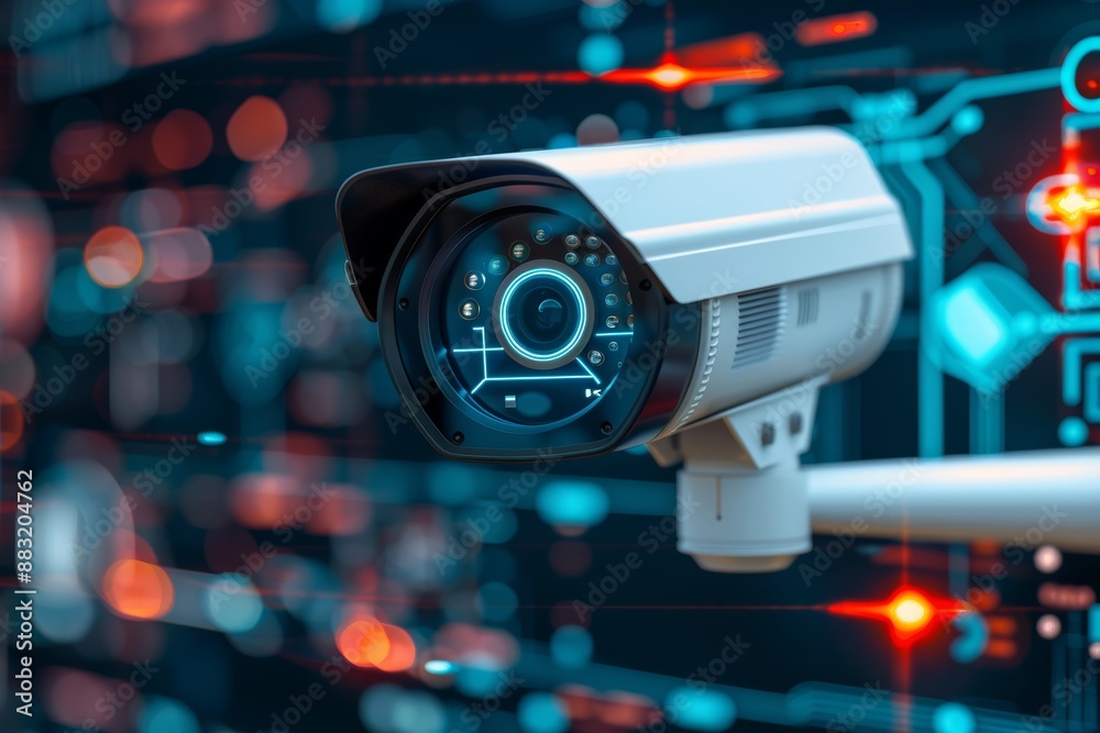 Modern security camera with digital interface background, showcasing advanced surveillance technology for safety and monitoring.