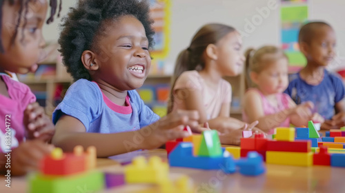Five joyful children playing with brightly colored blocks, exuding happiness and camaraderie in a cheerful classroom setting.