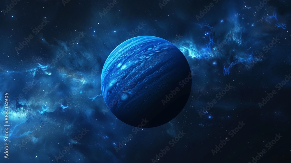 A radiant blue planet stands out against a vibrant cosmic backdrop, showcasing the depth and beauty of outer space and evoking feelings of awe and wonder.