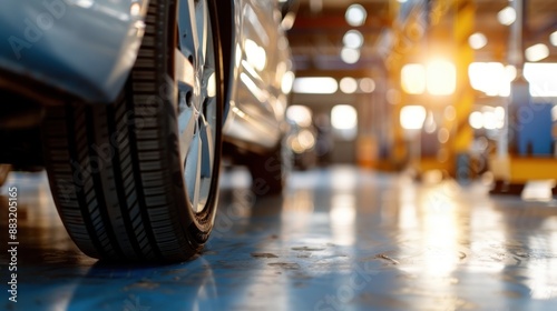 Close-up of a car tire inside a brightly lit auto shop, capturing the modern automotive repair environment with mechanics actively working in the background.