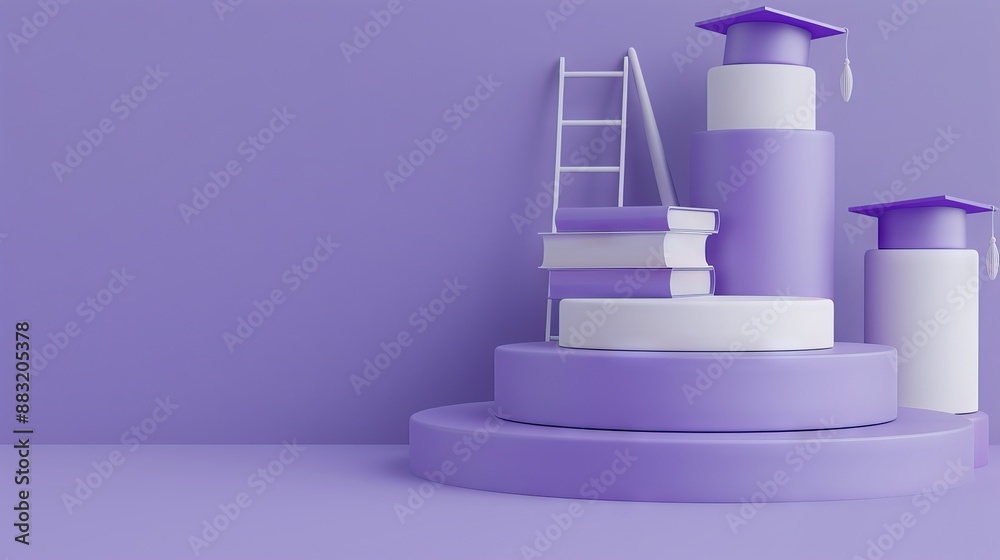 3D rendering of a podium with a graduation hat, ladder and books on a purple background. AI generated illustration
