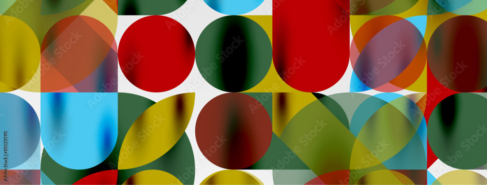 Mosaic geometric elements. Colorful circles, round geometric shapes and lines with shadow 3d effects. Simple forms abstract background for wallpaper, banner, template or landing Mosaic geometric elements. Colorful circles, round geometric shapes and lines with shadow 3d effects. Simple forms abstract background for wallpaper, banner, template or landing