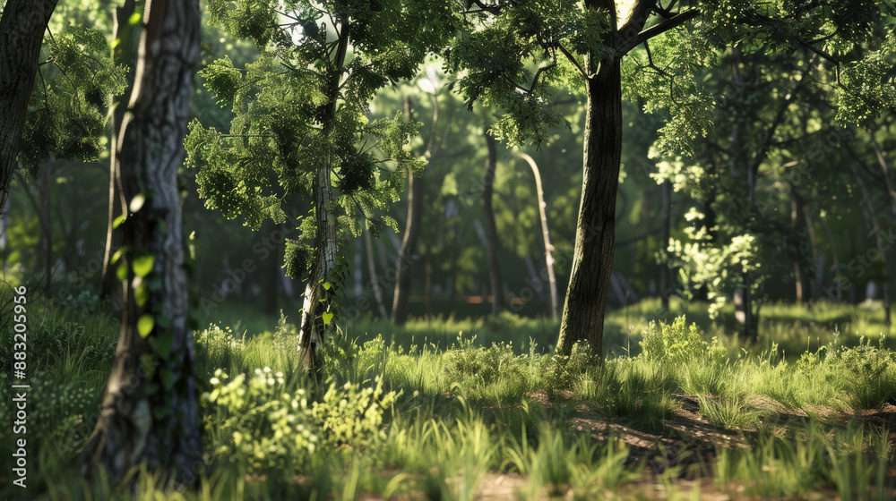 A sun-dappled forest filled with tall trees and vibrant green undergrowth, embodying the essence of untouched, natural beauty and tranquility.