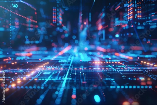 Digital technology background with glowing blue hologram elements and a futuristic grid, creating an abstract digital space or data stream concept in the style of minimal editing.