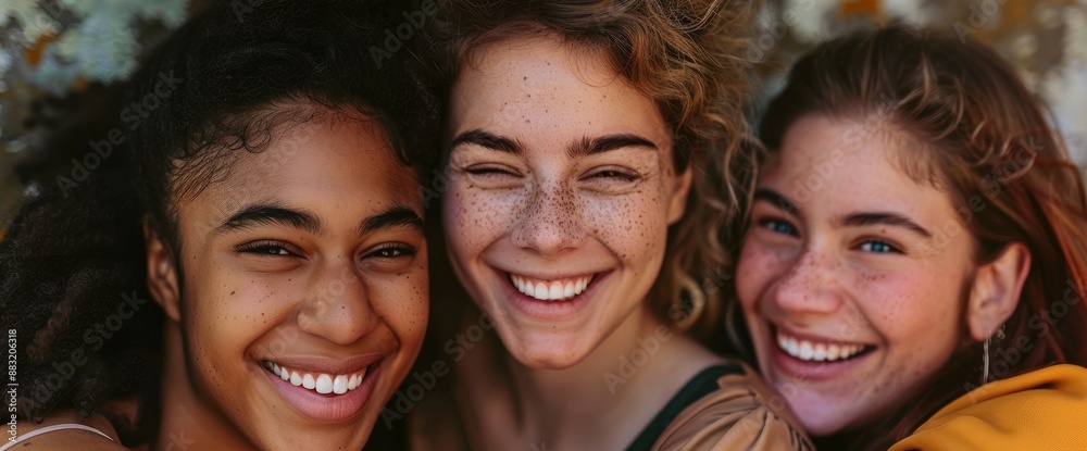 Fototapeta premium A close-up shot of three friends, embracing each other, their faces beaming with happiness