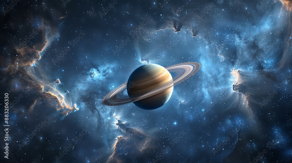 Fototapeta premium An enigmatic planet encircled by vibrant rings set in a mesmerizing cosmic nebula, presenting an awe-inspiring and enchanting view of the universe's rich and colorful expanse.