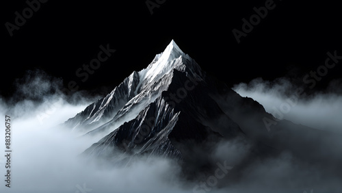 Majestic black mountain, snow at top peak in dramatic clouds. surrounding mist. creating an ethereal atmosphere. B&W theme wallpaper. photo