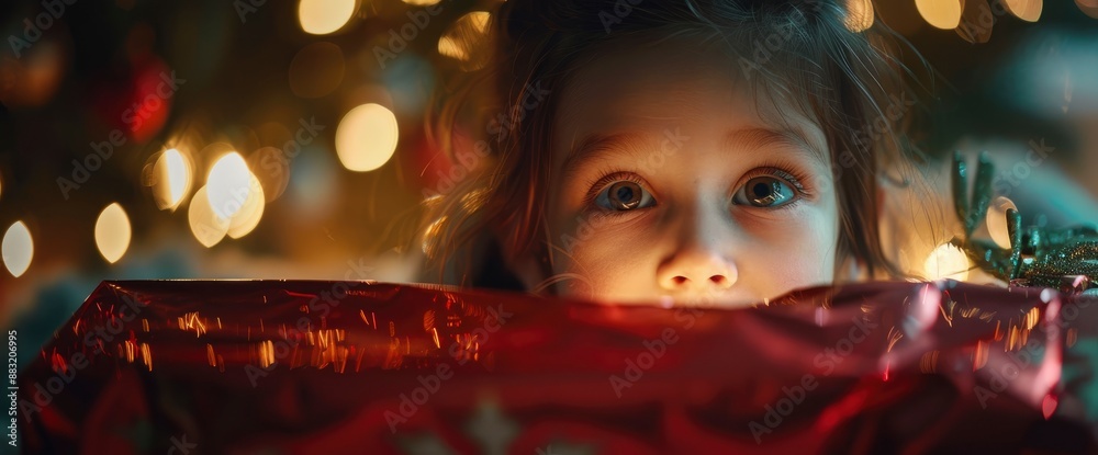 A curious girl, peeking inside a Christmas present, her face glowing with wonder A curious girl, peeking inside a Christmas present, her face glowing with wonder
