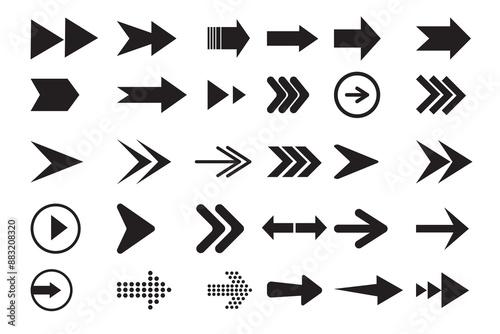 Arrow icon set. Mega bundle set. Collection different arrows sign. Arrow icon vector set.   Contains symbol of various arrow head point shape, play, pause, next button symbol. Vector illustration.