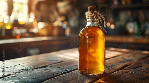 A bottle of mead on a wooden table. The background is blurred and there is a warm light in the foreground.