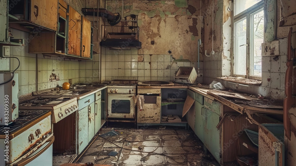 Eerie, abandoned kitchen scene showing dirt, decay, and broken cabinets, evoking a sense of neglect and the haunting passage of time in a once lively space. Eerie, abandoned kitchen scene showing dirt, decay, and broken cabinets, evoking a sense of neglect and the haunting passage of time in a once lively space.