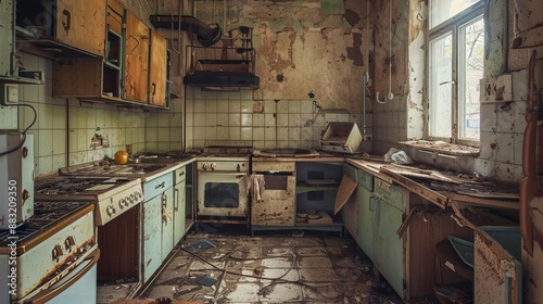 Eerie, abandoned kitchen scene showing dirt, decay, and broken cabinets, evoking a sense of neglect and the haunting passage of time in a once lively space.