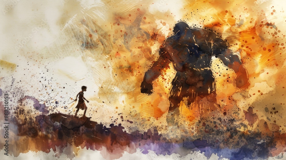 David and Goliath. Digital painting of a silhouette of a Giant and a man fighting. David and Goliath. Digital painting of a silhouette of a Giant and a man fighting.