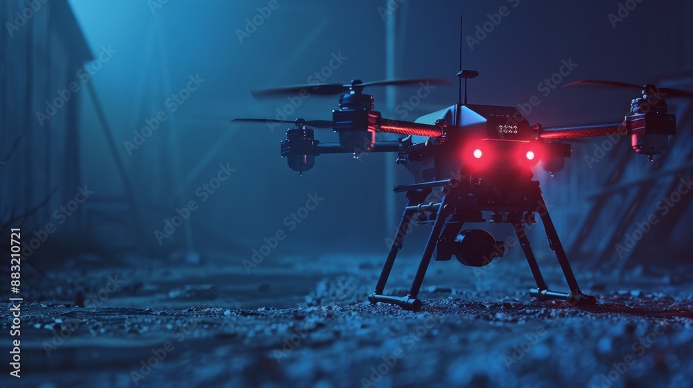 A small tactical drone operating at night, equipped with thermal imaging sensors A small tactical drone operating at night, equipped with thermal imaging sensors