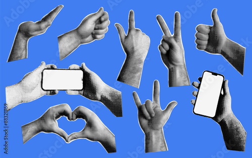 Halftone collage different hands gestures at the popart style. Trendy vintage black and white zine dadaizm elements isolated on blue background.