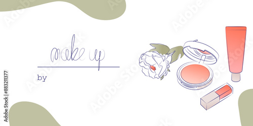 Template makeup artist business card. Sketch cosmetics lipstick face powder flower text "make up". Suitable for background beauty shop.