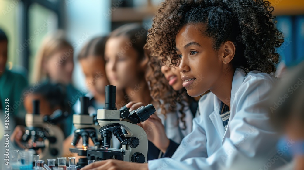 Teacher guiding students through practical biology experiments, with microscopes and specimens, Modern Lab, Cool Tones, 3D rendering Teacher guiding students through practical biology experiments, with microscopes and specimens, Modern Lab, Cool Tones, 3D rendering