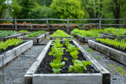 Organized Vegetable Garden with Raised Beds and Freshly Planted Seedlings