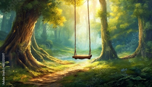 swing in a beautiful sunny forest photo