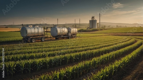 An image of rural agriculture with corn fields and biomass gas generators