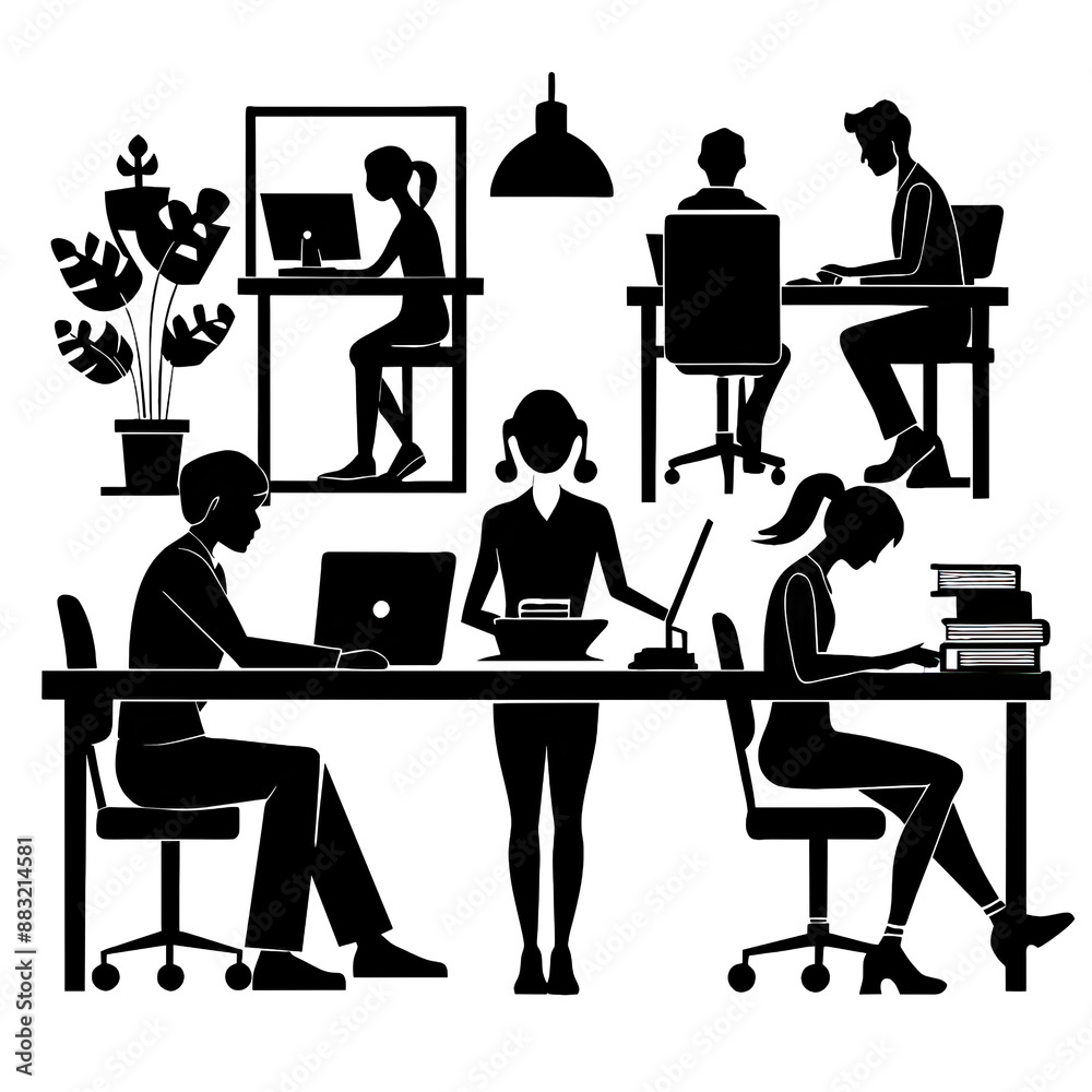 A black silhouette showing five office workers busy at their desks, capturing the modern workplace vibe. Generative AI A black silhouette showing five office workers busy at their desks, capturing the modern workplace vibe. Generative AI